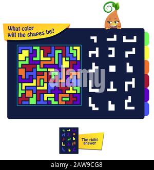 Lernspiel für Kinder und Erwachsene Entwicklung der Aufmerksamkeit, iq. Aufgabenspiel welche Farbe haben die Formen? Stock Vektor
