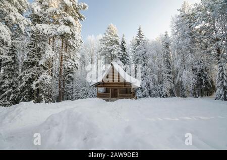 Januar 2020 - Malye Korely. Die Holzkapelle von Elia, dem Propheten, im Winterwald. Russland, Region Archangelsk Stockfoto