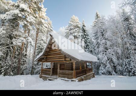 Januar 2020 - Malye Korely. Die Holzkapelle von Elia, dem Propheten, im Winterwald. Russland, Region Archangelsk Stockfoto