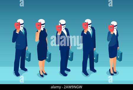 Vektor der Roboterkandidaten, die Menschen ersetzen, die sich hinter Masken verstecken Stock Vektor