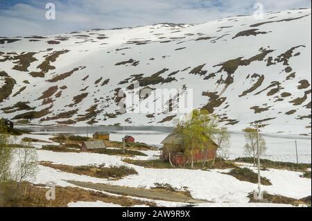 Hordaland/Norwegen. 06.29.2015.Schneelandschaften der Vossevangener Berge in Norwegen Stockfoto