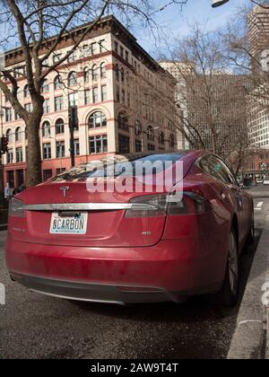 Tesla S - Zero Carbon, Downtown Seattle, Washington. Stockfoto