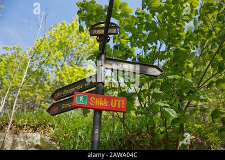 Alesund, NORWEGEN - 29. MAI 2017: Schild zum Aussichtspunkt am Berg Fjellstua. Stockfoto