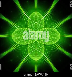 Grün leuchtende Quantenharmonie, computergenerierte abstrakte Fraktale, 3D-Rendering Stockfoto