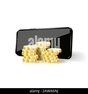Rückzahlungsaufkleber, Etiketten, Logo. Realistische Goldmünzen auf dem Hintergrund Ihres Smartphones. Stock Vektor