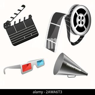 Stereo-Brille-Klapper und Megafon für Filmproduktionen für realistische Bilder. Stock Vektor