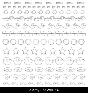 Satz von Dutzend wirbeligen Kalligraphie-Linien für dekorative Ränder, Pinsel, Textteiler. Stock Vektor