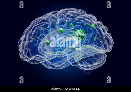 Gehirn mit Virus, Geisterlichteffekt, Röntgenhologramm. 3D-Rendering auf dunkelblauem Hintergrund Stockfoto