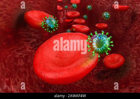 Coronavirus mit Genom-rna und Blutzellen, die innerhalb der Arterie fließen, 3D-Rendering Stockfoto