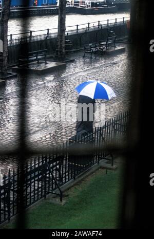 Mann mit Regenschirm geht an einem regnerischen Londoner Morgen entlang der Themse Stockfoto