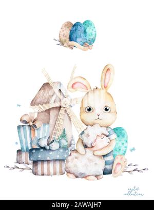 Handzeichnung ostern Aquarell Cartoon Bunny mit Schafen und Eiern mit Blättern, Ästen und Federn. indigo Aquarell Kunst Illustration im Jahrgang Stockfoto