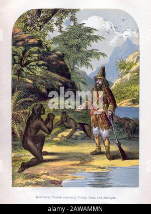 1865 , GROSSBRITANNIEN : ROBINSON CRUSOE und FREITAG , Gravur des britischen Künstlers Alexander Frank Lydon ( A. F. Lydon , 186-1917 ) für die 1865 e Stockfoto