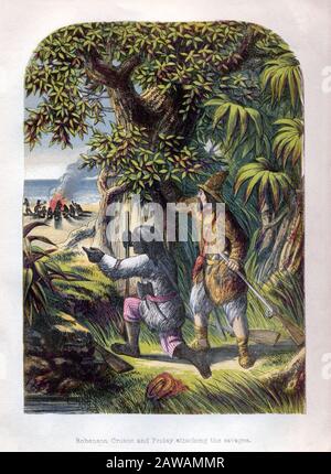 1865 , GROSSBRITANNIEN : ROBINSON CRUSOE und FREITAG , Gravur des britischen Künstlers Alexander Frank Lydon ( A. F. Lydon , 186-1917 ) für die 1865 e Stockfoto