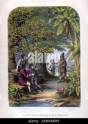 1865 , GROSSBRITANNIEN : ROBINSON CRUSOE und FREITAG , Gravur des britischen Künstlers Alexander Frank Lydon ( A. F. Lydon , 186-1917 ) für die 1865 e Stockfoto