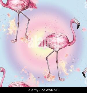 Wasserfarbenes, rosafarbenes Flamingo-Muster mit nahtlosem Muster in Wasserfarbenspritzern. Romantisches Flamingo-Muster für Tapete, Stoff, jede kreative Arbeit, pr Stockfoto