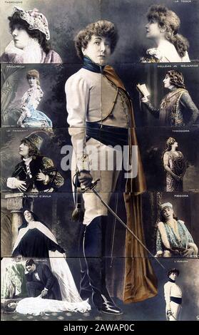 1898 Ca, PARIS, FRANKREICH: Die am meisten gefeierte französische Theaterschauspielerin SARAH BERNHARDT (* 1844; † 1923) in einigen seiner Bühnenrollen: THEROIGNE, FROUF Stockfoto