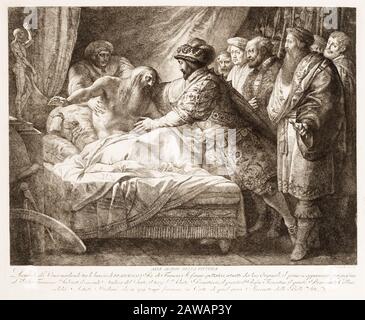 Um das Jahr um : Gravur des Todes LEONARDOS - DIE ALLEGORIE DES GEMÄLDES ' ( XVIII Jahrhundert ), eingraviert vom italienischen Künstler Giuseppe Cades (* um 1750; † um das Jahr 1799), Stockfoto