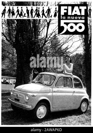 1959 Ca, TORINO, ITALIEN: Die italienische Autoindustrie FIAT (F.I.A.T. Fabbrica Italiana Automobili Torino ) Werbung für DEN FIAT 500. - Auto - Auto Stockfoto