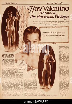 1923, USA: Der italienische Stummfilmschauspieler RUDOLPH VALENTINO (* um die Zeit von 196 bis 1926 in einem Fitnessartikel zum Körperbau im FILM WÖCHENTLICH, dezember 192 Stockfoto