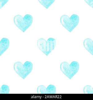 Das nahtlose Muster der Herzen von Aquarell. Blaues, wasserfarbenes digitales Herzpapier. Bunte, romantische Textur in Wasserfarben. Stockfoto