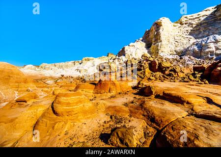 Toadstool Hoodoos vor dem Hintergrund der bunten Sandstein-Berge im Grand Staircase-Escalante Monument in Utah, Unites States Stockfoto