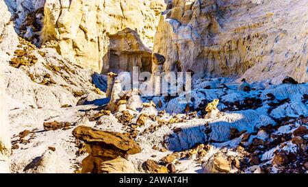 Toadstool Hoodoos vor dem Hintergrund der bunten Sandstein-Berge im Grand Staircase-Escalante Monument in Utah, Unites States Stockfoto