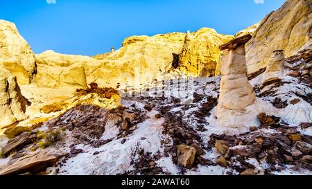 Toadstool Hoodoos vor dem Hintergrund der bunten Sandstein-Berge im Grand Staircase-Escalante Monument in Utah, Unites States Stockfoto