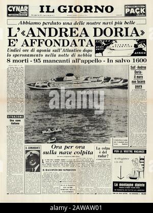 1956 , 27. juli : Die SS Andrea Doria war ein Ozeandampfer für die italienische Linie (Società di navigazione Italia), die in Genua, Italien, Am 25. Juli, Stockfoto