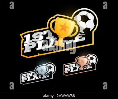 Fußball- oder Fußball-Siegeswettbewerb setzt Typografie Sport Fußball und Pokal im Retro-Stil Emblem-Vektorkonzept mit goldener, silberner und bronzener cu Stock Vektor