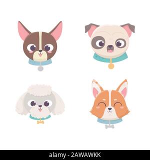 Niedliche Gesichter Hund verschiedene Stammbaum häusliche Cartoon Tier, Sammlung Haustiere Vektor Illustration Stock Vektor