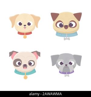 Niedliche Gesichter Hund verschiedene Stammbaum häusliche Cartoon Tier, Sammlung Haustiere Vektor Illustration Stock Vektor
