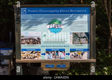 Ein Zeichen, das das Projekt zur Wiederherstellung des Oyster Reef im Florida Oceanographic Coastal Center in Stuart, Florida, USA erklärt. Stockfoto