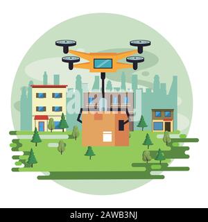 Drohnentechnik fliegt mit Box auf der Stadt Stock Vektor