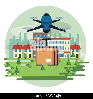 Drohnentechnik fliegt mit Box auf der Stadt Stock Vektor