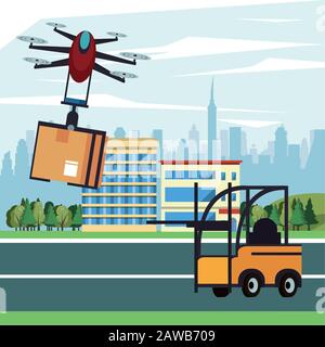 Drohnentechnik fliegt mit Box auf der Stadt Stock Vektor