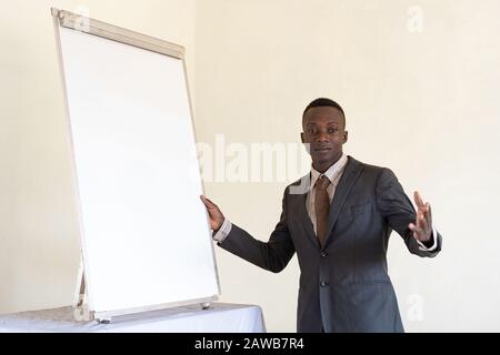 Authentische junge Geschäftsleute, die im Büro mit weißem Brett glücklich aussehen Stockfoto