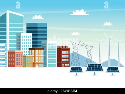 Gebäude und Solarpaneele Stadtbild Szene Stock Vektor