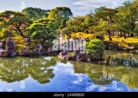 Traditioneller japanischer Garten mit Teich und Miniaturbäumen rund um Felsen und Brücke an einem sonnigen Tag. Stockfoto