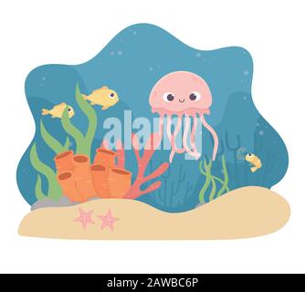 Quallen fischen Seesterne Garnelen Leben Korallenriff-Cartoon unter der Seevektorillustration Stock Vektor