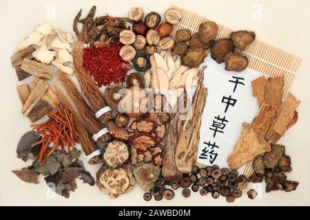 Chinesische Kräutermedizin mit Kalligraphie auf Reispapier, Bambus. Übersetzung liest sich als getrocknete Kräuter, die in der chinesischen Pflanzenheilkunde verwendet werden. Stockfoto