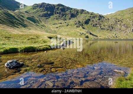 Kleiner Wasserlauf und Kleines Wasser mit Nan Bield Pass (rechts) oberhalb von Mardale Head, Haweswater Stockfoto