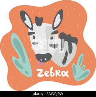 Ein kleines Zebra schaut durch einen Busch und sieht überraschend. Kid Zebra in flachem Stil. Text Zebra in einer orangefarbenen Sprechblase. Isolierte Bilder Stock Vektor