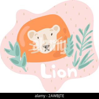 Ein kleiner Löwe blickt durch einen Busch und sieht überraschend. Kid Löwe im flachen Stil. Textlöwe in einer zarten Rosenblase. Isolierte Bilder für Stock Vektor