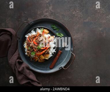 lateinamerikanische Küche. Ropa Vieja mit gebratenen Kochbananen und Reis. Carne desmechada, Carne desmenuzada, Carne mechada Zikelkost von Chile, Kolumbien, Cos Stockfoto