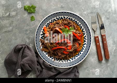 lateinamerikanische Küche. Ropa Vieja mit gebratenen Kochbananen und Reis. Carne desmechada, Carne desmenuzada, Carne mechada Zikelkost von Chile, Kolumbien, Cos Stockfoto