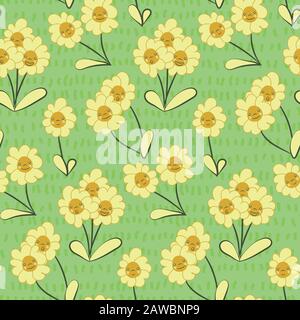 Lächelnde Blumen kindisches, nahtloses Vektormuster in Grün und Gelb Stock Vektor