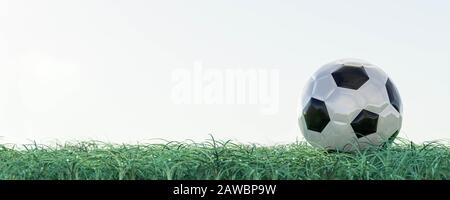 Nahaufnahme eines roten und weißen Fußball-Fußballs auf frischem grünem Gras 3d Darstellung mit leerem Raum für deinen Inhalt Himmel Hintergrund Stockfoto