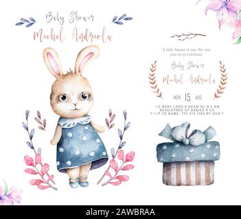 Handgezeichnetes Aquarell Happy easter Set mit Hasen-Design. Kaninchen Aquarell Illustration mit Preisbox und Text, isoliert Boho Stil auf weiß Stockfoto