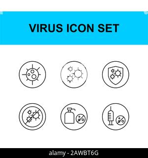 Virensymbol festgelegt. Corona. Glyphe und Outline style.Grippe, Fieber, Kälte, Virus, Corona, Lunge, waschen, Hand, Flasche, Tablette, Impfstoff, Bett, Rest, Anti-Virus. Stock Vektor