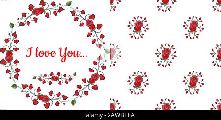 Elemente für Design Einladungskarten Vektor-Set, rote Rosen in einem nahtlosen Muster, ein Kranz aus abstrakten Blumenelementen und roten Rosen. Stock Vektor